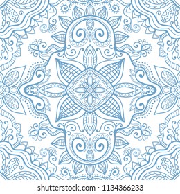 Hand drawn seamless pattern, fantasy floral and geometric ornament. Doodle repeating texture for textile fabric or paper print. Abstract monochrome graphic line background. Ethnic decorative design
