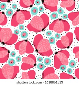 Hand drawn seamless pattern with fantasy flowers.
