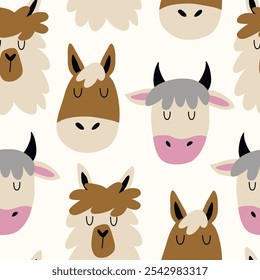 Hand drawn seamless pattern with farm animals. Colorful children's pattern for textile, fabric and postcard design. Faces of funny animals, llama, cow and horse.