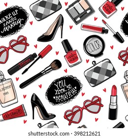 Hand drawn seamless pattern. fashion collection of cosmetics: Nail polish, mascara, lipstick, eye shadows, brush, lip gloss. Woman shoes, clutch, sunglasses, perfume bottle, Handwritten lettering