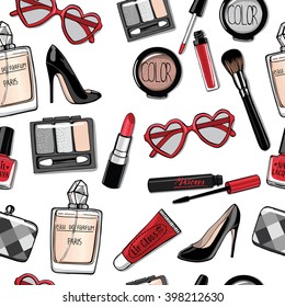 Hand drawn seamless pattern. fashion collection of cosmetics: Nail polish, mascara, lipstick, eye shadows, brush, lip gloss. Woman shoes, clutch, sunglasses, perfume bottle