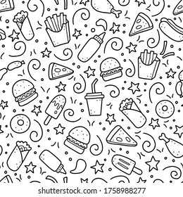 Hand drawn seamless pattern with fast food elements, burger, pizza, sandwich, hamburger, snack. Doodle sketch style. Fast food element for background, menu, wallpaper design. Vector illustration.