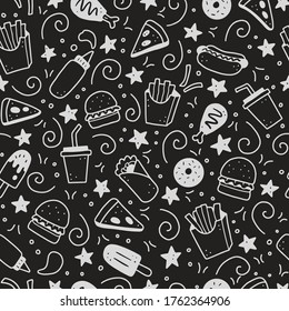 Hand drawn seamless pattern with fast food elements, burger, pizza, sandwich, hamburger, snack. Doodle sketch style. Fast food element for background, menu, wallpaper design. Vector illustration.
