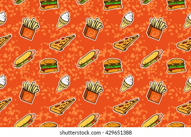 Hand drawn seamless pattern of fast food. Color version