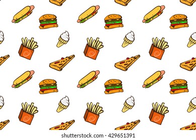 Hand drawn seamless pattern of fast food. Transparent/ white version
