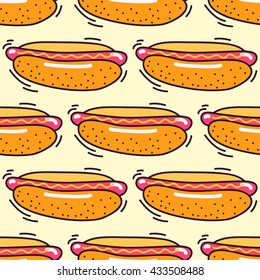Hand drawn seamless pattern of fast food with hot dog. Cartoon multicolor background.