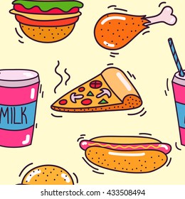 Hand drawn seamless pattern of fast food with pizza, hamburger, chicken, hot dog, pepper. tomato and drink. Cartoon multicolor background.