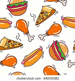 Hand drawn seamless pattern of fast food with pizza, hamburger, chicken, hot dog, pepper. tomato and drink. 