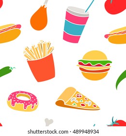 Hand drawn seamless pattern of fast food with pizza, hamburger, chicken, hot-dog, pepper. tomato and drink. Cartoon multicolor background.
