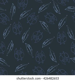 hand drawn seamless  pattern with feather and owl
