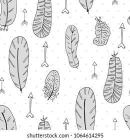Hand drawn seamless pattern with Feathers. vector illustration