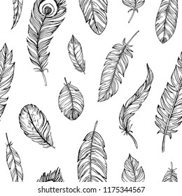  Hand drawn seamless pattern with feathers on white background.Vector illustration of sketchl style.
