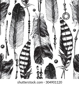  hand drawn seamless pattern with feathers and beads in tribal style
