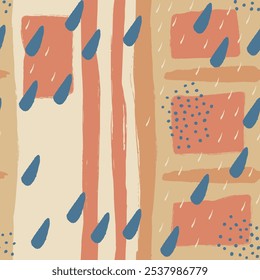 Hand drawn seamless pattern features geometric shapes and organic elements.