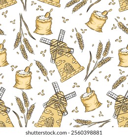 Hand drawn seamless pattern featuring windmills, sacks of grain, and wheat stalks in a rustic design