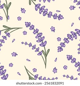 Hand drawn seamless pattern featuring lavender blossoms and flowers on a light background