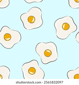 Hand drawn seamless pattern featuring fried eggs on a light blue background for playful design projects