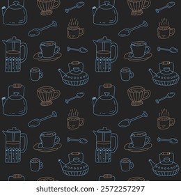 Hand drawn seamless pattern featuring various coffee and tea elements, including teapots, kettles, mugs, and spoons, all set against a black background