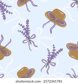 Hand drawn seamless pattern featuring lavender and straw hats with bows against a light blue background