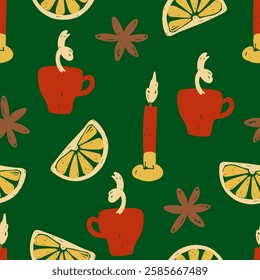 Hand drawn seamless pattern featuring cozy mugs, candles, and citrus on dark green background vector illustration