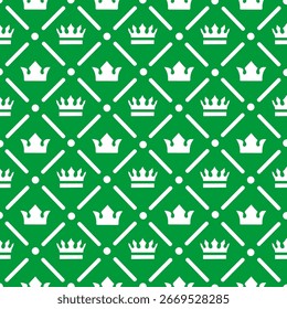 Hand drawn seamless pattern. Featuring crowns and graphic design elements on green background. Vector.