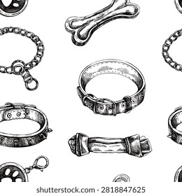 Hand drawn seamless pattern featuring pet accessories including dog collars, chain collar, dog bone, pet tag and spiked collar in vintage engraved sketch style. Perfect for pet shop branding, veterinary clinics, dog grooming, packaging, fabric, textile, wallpaper and wrapping paper.