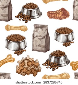Hand drawn seamless pattern featuring vintage engraved dog food and treats, including kibble bowls, dry pet food bag, dog biscuits, chew bones, rawhide chews and dental sticks. Available in color and monochrome versions. Perfect for pet food packaging, pet shop branding, veterinary materials, wrapping paper, fabric, wallpaper, stationery, labels and digital backgrounds.