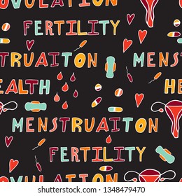 Hand drawn seamless pattern. Feminine hygiene products for menstruation, bleeding period. Sanitary tampons, pads and menstrual cups for personal sanitation. Ovulation and health, woman critical days