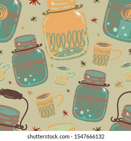 Hand drawn seamless pattern with festive mason jar candle, snowflakes and cup of tea. Winter texture. Tea time background for fabric, kitchen wallpapers, gift wrapping paper, scrapbooking.
