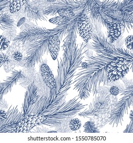 Hand drawn seamless pattern with fir, pine, cedar branches and cones. Detailed realistic background with evergreen conifer plant. Monochrome botanical backdrop with spruce. Vector illustration.