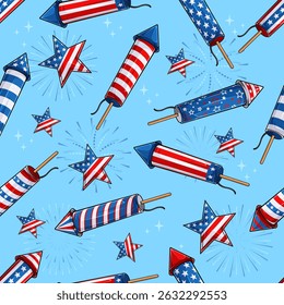 Hand drawn seamless pattern of firecrackers and stars in American flag theme, celebrating 4th of July, veteran day, national memorial day