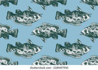 Hand drawn Seamless pattern a fish. Market. Seafood menu. Brush design elements. Handwritten ink.