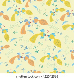  Hand drawn seamless pattern with fish kiss. Pattern with cartoon fish for scrap-booking or paper.  Vector cut fish background. 