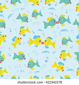  Hand drawn seamless pattern with fish kiss. Pattern with cartoon fish for scrap-booking or paper.  Vector cut fish background. 