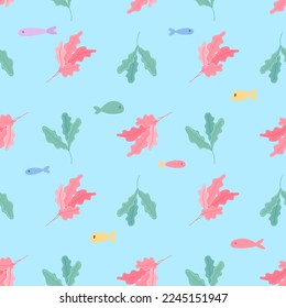 Dibujo manual de la marca Seamless con peces y algas marinas. Imagen vectorial para niños papel de tela textil digital