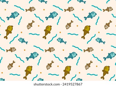 Hand drawn seamless pattern with fishes. Background with doodle fish. Vector illustration
