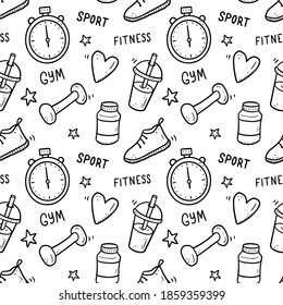 Hand drawn seamless pattern of fitness, gym equipments. Doodle sketch style. Sport element drawn by digital brush-pen. Illustration for icon, frame, background.