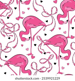 Dibujado a mano patrón sin fisuras con flamencos y arcos, diseño elegante, lleno de flamencos rosados adorables, es perfecto para textiles, Fondos de pantalla y papelería