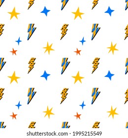 Hand drawn seamless pattern with flash and stars. Lightning pattern on a white background. Vector illustrartion