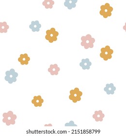Hand drawn seamless pattern with flat colorful flowers. Cute vector background with floral elements for nursery, wrapping paper and textile. Endless childish texture. Charming flat illustration