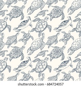 Hand drawn Seamless Pattern with Floating Sea Turtles