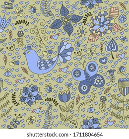 Hand drawn seamless pattern with floral elements. Cartoon, doodle style. Vector illustration