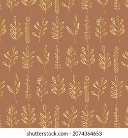 Patrón sin fisuras dibujado a mano con hojas de gradiente floral con ramas aisladas sobre fondo marrón. Mínimo adorno de moda. Diseño elegante para tarjetas, textiles, tela, papel pintado.