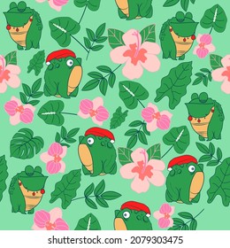 hand drawn seamless pattern floral frog illustration for textile,background etc