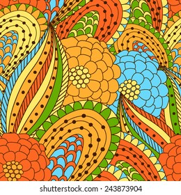 Hand drawn seamless pattern with floral elements. Colorful background. Pattern can be used for fabric, wallpaper or wrapping.
