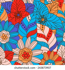 Hand drawn seamless pattern with floral elements. Colorful background. Pattern can be used for fabric, wallpaper or wrapping.