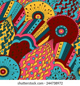 Hand drawn seamless pattern with floral elements. Colorful background. Pattern can be used for fabric, wallpaper or wrapping.