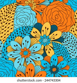 Hand drawn seamless pattern with floral elements. Colorful background. Pattern can be used for fabric, wallpaper or wrapping.