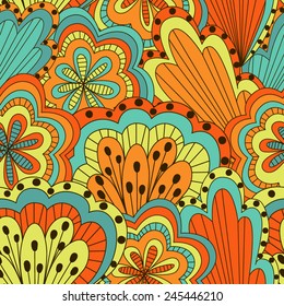 Hand drawn seamless pattern with floral elements. Colorful background. Pattern can be used for fabric, wallpaper or wrapping.