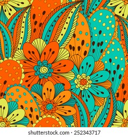 Hand drawn seamless pattern with floral elements. Colorful background. Pattern can be used for fabric, wallpaper or wrapping.